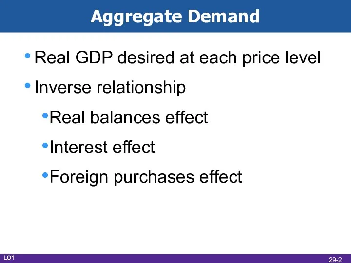 Aggregate Demand Real GDP desired at each price level Inverse relationship