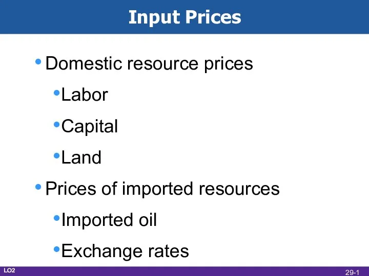 Input Prices Domestic resource prices Labor Capital Land Prices of imported