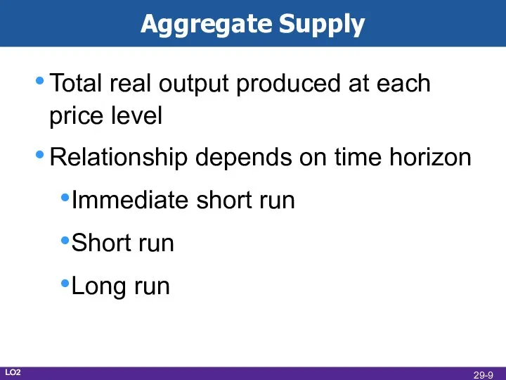 Aggregate Supply Total real output produced at each price level Relationship