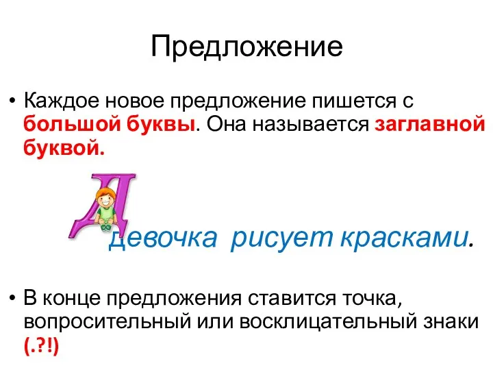 Предложение Каждое новое предложение пишется с большой буквы. Она называется заглавной