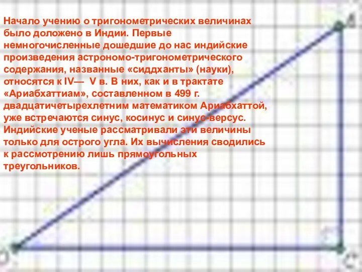 Начало учению о тригонометрических величинах было доложено в Индии. Первые немногочисленные