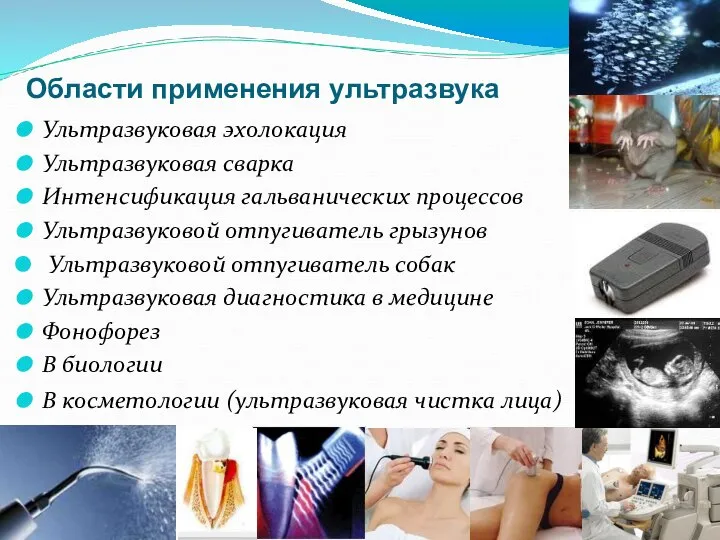 Области применения ультразвука Ультразвуковая эхолокация Ультразвуковая сварка Интенсификация гальванических процессов Ультразвуковой