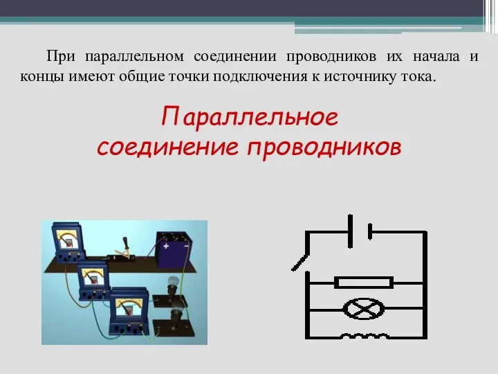 Параллельное соединение проводников При параллельном соединении проводников их начала и концы