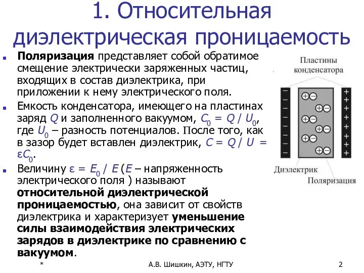 * А.В. Шишкин, АЭТУ, НГТУ 1. Относительная диэлектрическая проницаемость Поляризация представляет