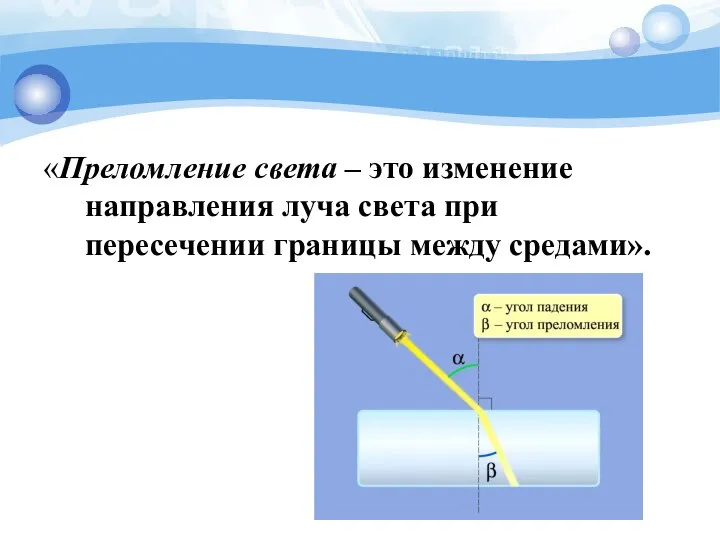 «Преломление света – это изменение направления луча света при пересечении границы между средами».