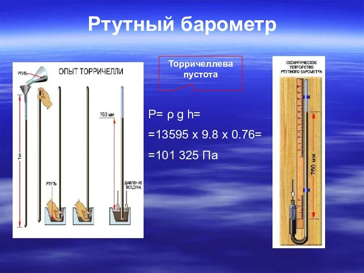 Ртутный барометр Торричеллева пустота P= ρ g h= =13595 х 9.8 х 0.76= =101 325 Па