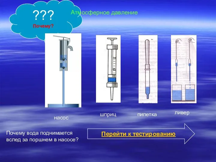 Почему вода поднимается вслед за поршнем в насосе? ??? Почему? Атмосферное