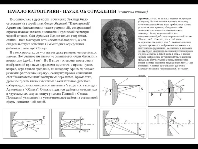 НАЧАЛО КАТОПТРИКИ - НАУКИ ОБ ОТРАЖЕНИИ (античная оптика) Вероятно, уже в