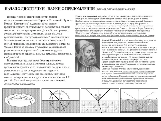 НАЧАЛО ДИОПТРИКИ - НАУКИ О ПРЕЛОМЛЕНИИ (оптика поздней Античности) В эпоху