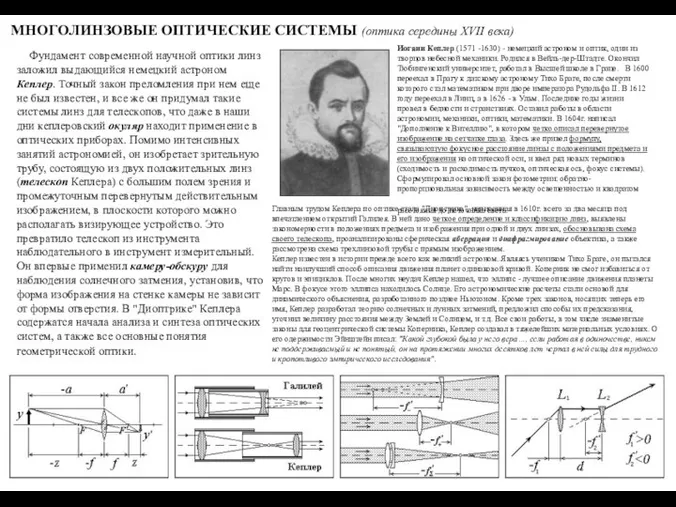 МНОГОЛИНЗОВЫЕ ОПТИЧЕСКИЕ СИСТЕМЫ (оптика середины XVII века) Фундамент современной научной оптики