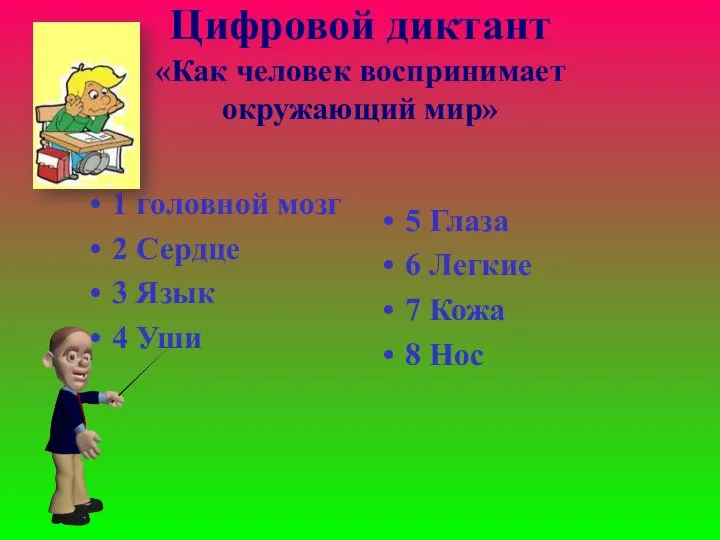 Цифровой диктант «Как человек воспринимает окружающий мир» 1 головной мозг 2