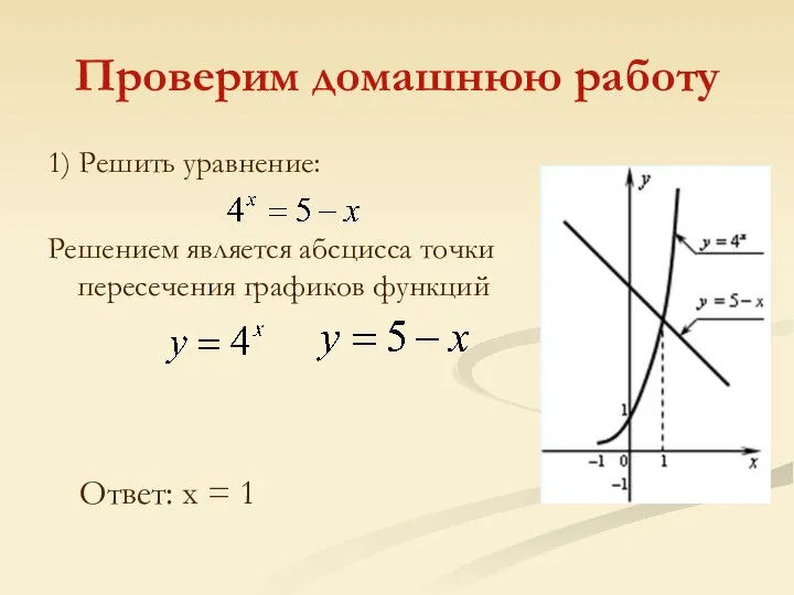 Проверим домашнюю работу 1) Решить уравнение: Решением является абсцисса точки пересечения