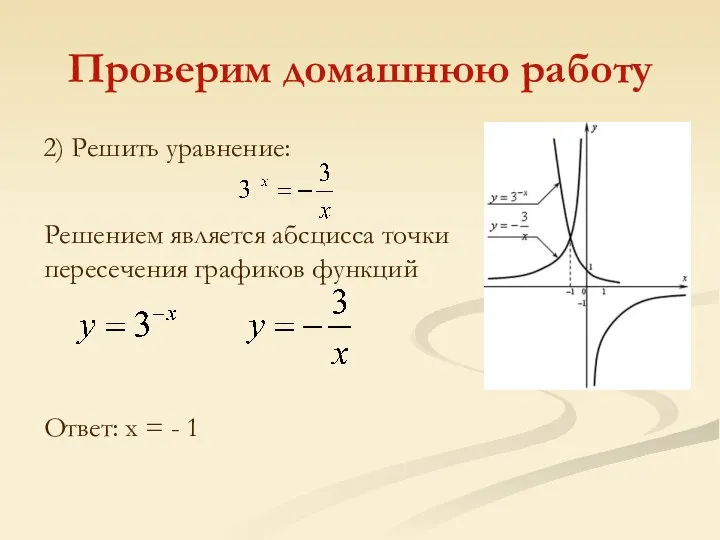 Проверим домашнюю работу 2) Решить уравнение: Решением является абсцисса точки пересечения