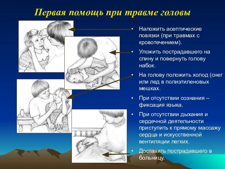 Наложить асептические повязки (при травмах с кровотечением). Уложить пострадавшего на спину