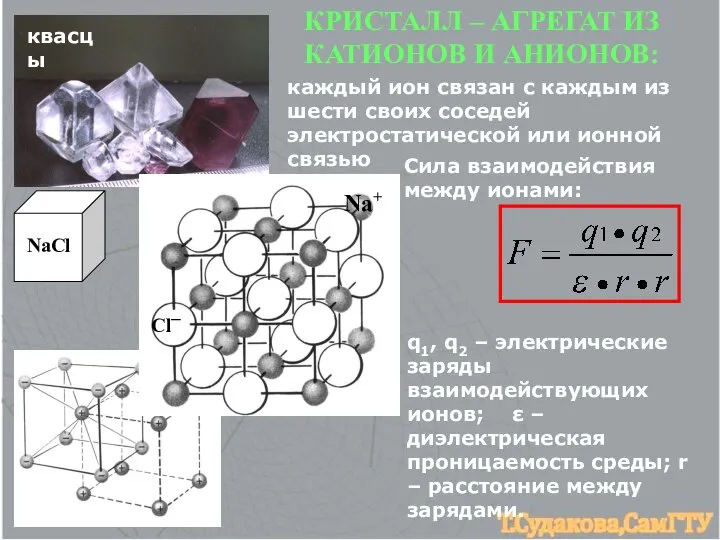 квасцы NaCl Cl─ Na+ КРИСТАЛЛ – АГРЕГАТ ИЗ КАТИОНОВ И АНИОНОВ: