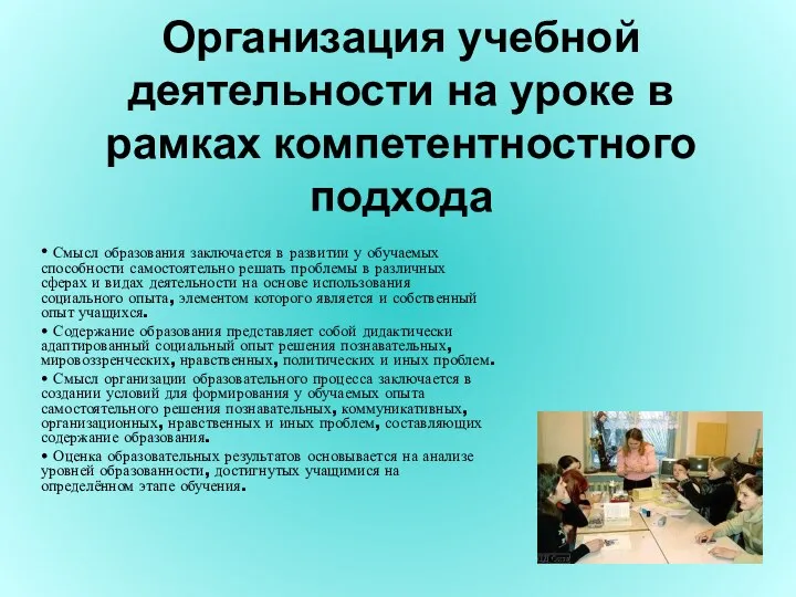 Организация учебной деятельности на уроке в рамках компетентностного подхода • Смысл