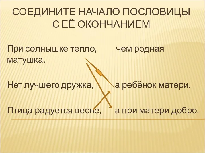 СОЕДИНИТЕ НАЧАЛО ПОСЛОВИЦЫ С ЕЁ ОКОНЧАНИЕМ При солнышке тепло, чем родная