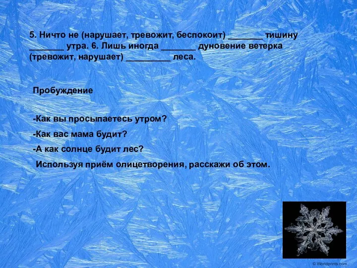 5. Ничто не (нарушает, тревожит, беспокоит) _______ тишину _______ утра. 6.