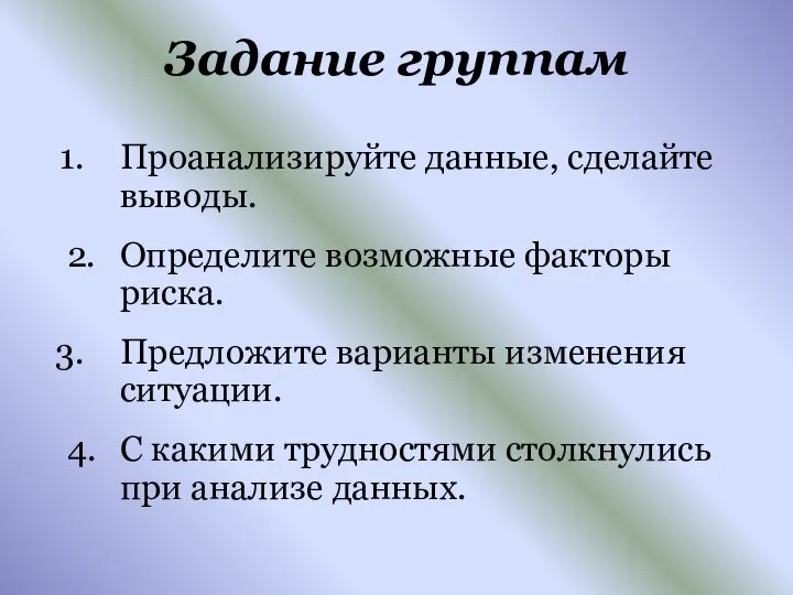 Задание группам Проанализируйте данные, сделайте выводы. 2. Определите возможные факторы риска.