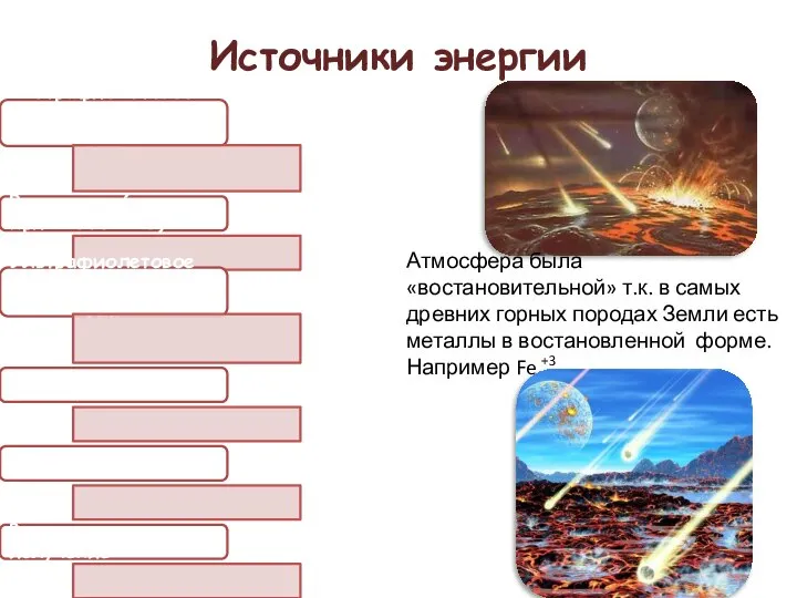 Источники энергии Атмосфера была «востановительной» т.к. в самых древних горных породах