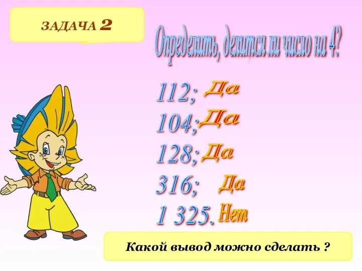 Определить, делится ли число на 4? 112; 104; 128; 316; 1