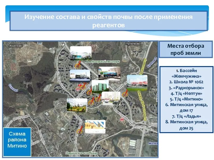 Изучение состава и свойств почвы после применения реагентов Места отбора проб