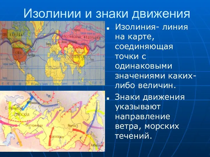 Изолинии и знаки движения Изолиния- линия на карте, соединяющая точки с