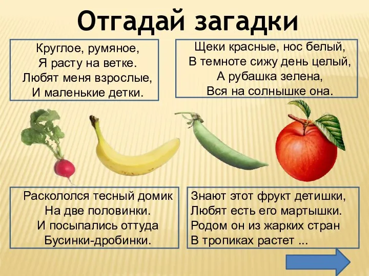 Отгадай загадки Круглое, румяное, Я расту на ветке. Любят меня взрослые,