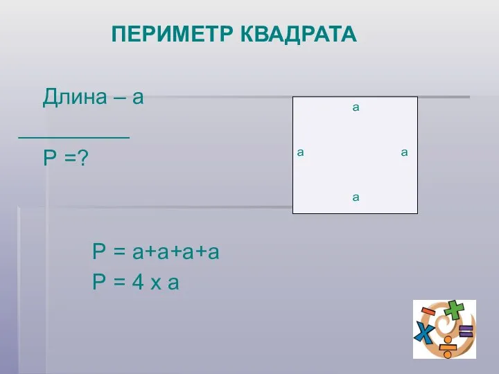 ПЕРИМЕТР КВАДРАТА Длина – а _________ Р =? Р = а+а+а+а