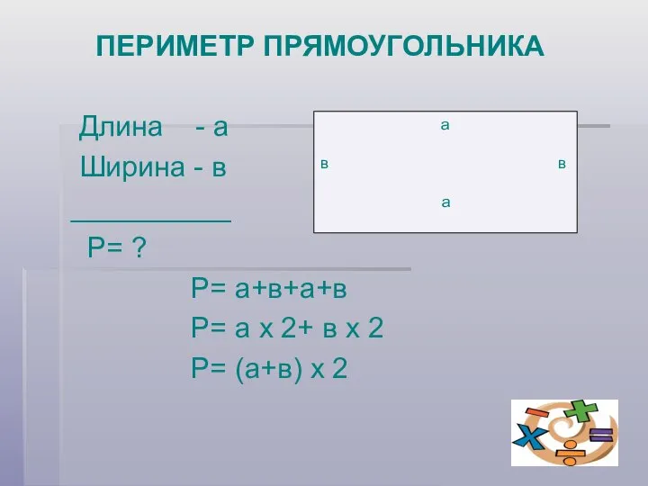 ПЕРИМЕТР ПРЯМОУГОЛЬНИКА Длина - а Ширина - в __________ Р= ?