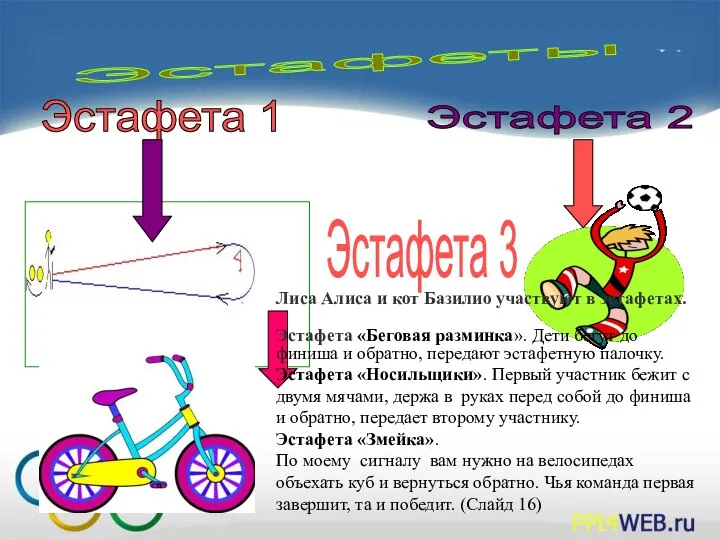 Эстафеты Эстафета 1 Эстафета 2 Эстафета 3 Лиса Алиса и кот