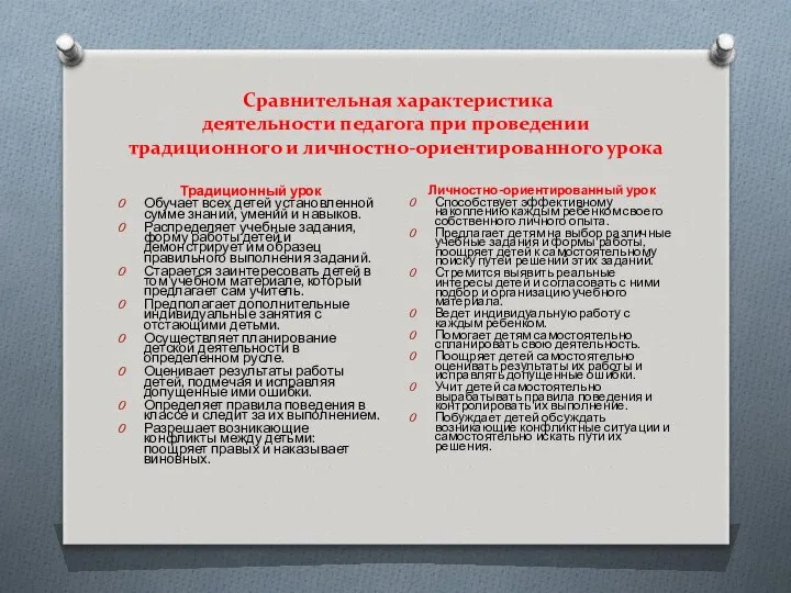 Сравнительная характеристика деятельности педагога при проведении традиционного и личностно-ориентированного урока Традиционный