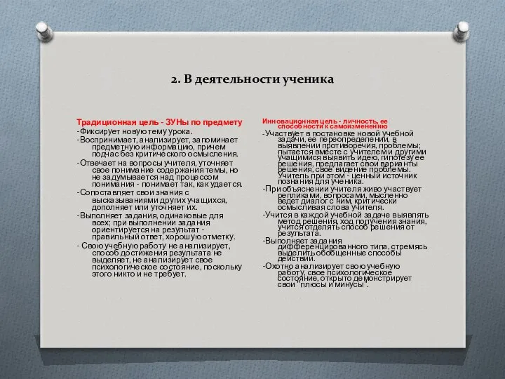 2. В деятельности ученика Традиционная цель - ЗУНы по предмету -Фиксирует