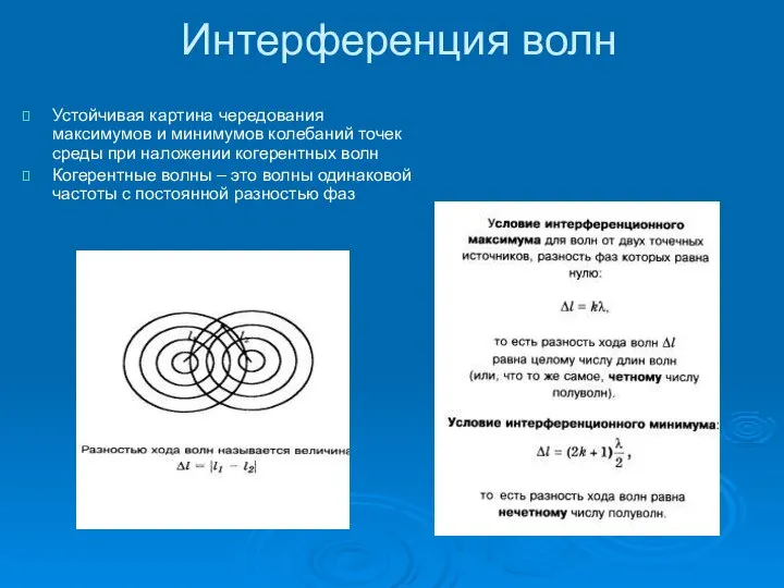 Интерференция волн Устойчивая картина чередования максимумов и минимумов колебаний точек среды