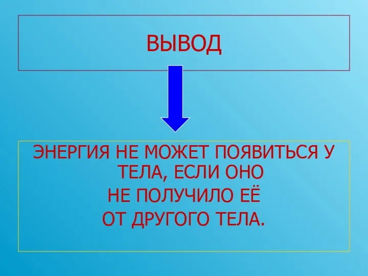 ВЫВОД ЭНЕРГИЯ НЕ МОЖЕТ ПОЯВИТЬСЯ У ТЕЛА, ЕСЛИ ОНО НЕ ПОЛУЧИЛО ЕЁ ОТ ДРУГОГО ТЕЛА.