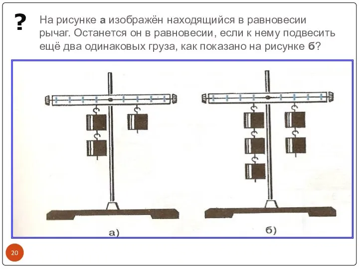 На рисунке а изображён находящийся в равновесии рычаг. Останется он в