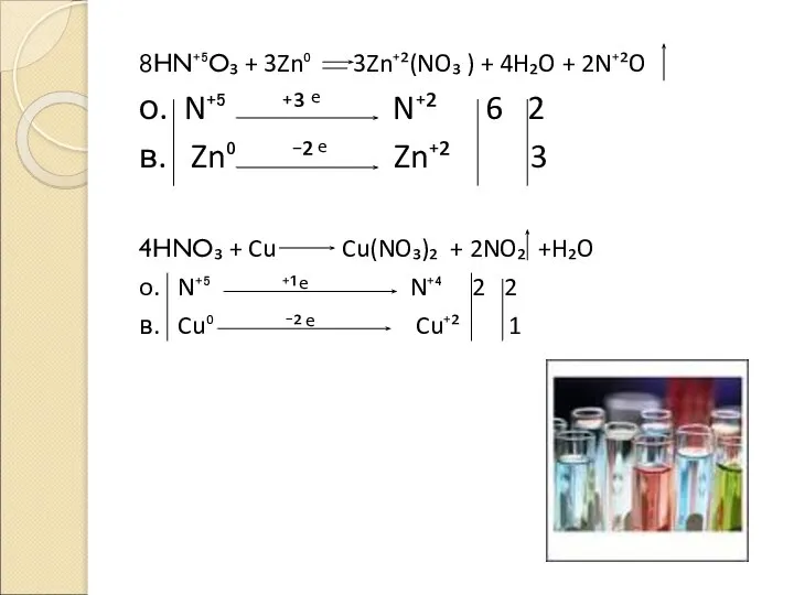 8HN⁺⁵O₃ + 3Zn⁰ 3Zn⁺²(NO₃ ) + 4H₂O + 2N⁺²O о. N⁺⁵