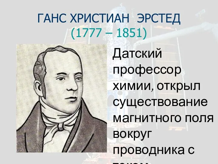 ГАНС ХРИСТИАН ЭРСТЕД (1777 – 1851) Датский профессор химии, открыл существование