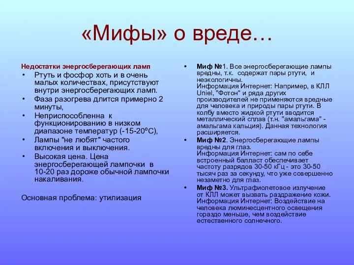 «Мифы» о вреде… Недостатки энергосберегающих ламп Ртуть и фосфор хоть и