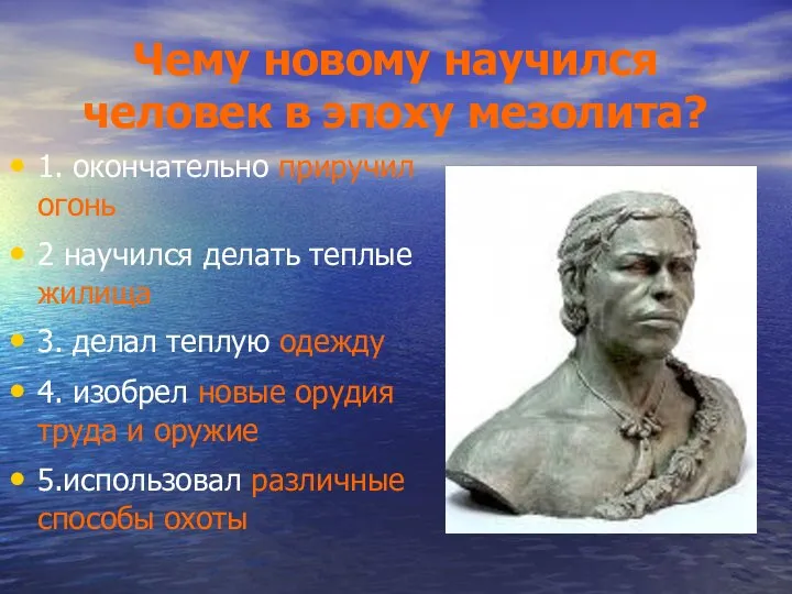 Чему новому научился человек в эпоху мезолита? 1. окончательно приручил огонь