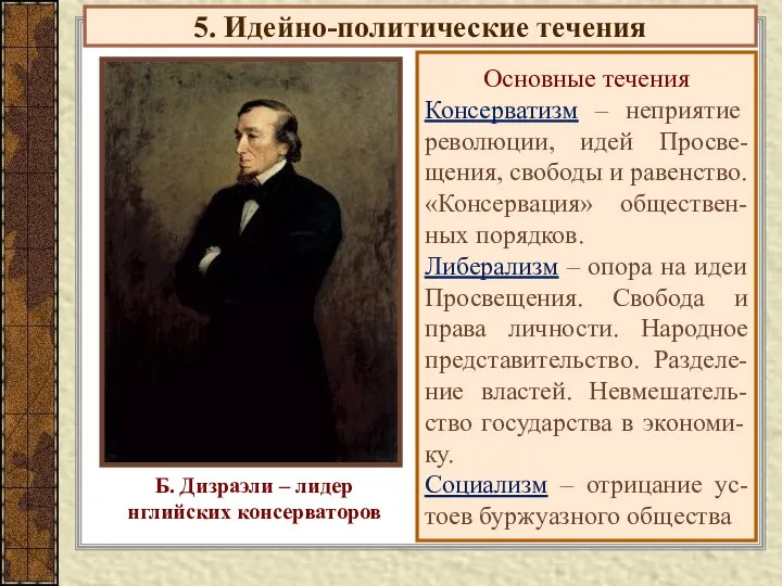 5. Идейно-политические течения Основные течения Консерватизм – неприятие революции, идей Просве-щения,