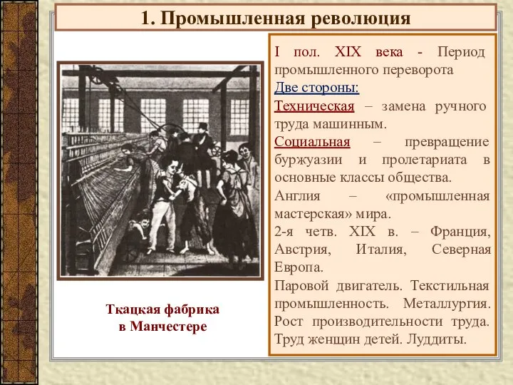 1. Промышленная революция I пол. XIX века - Период промышленного переворота