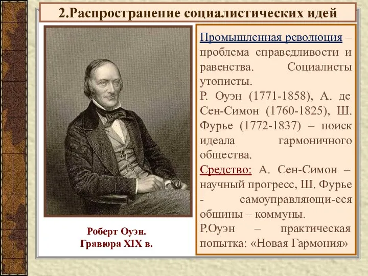 2.Распространение социалистических идей Промышленная революция – проблема справедливости и равенства. Социалисты