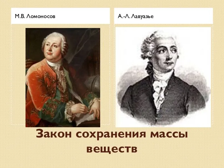 Закон сохранения массы веществ М.В. Ломоносов А.-Л. Лавуазье