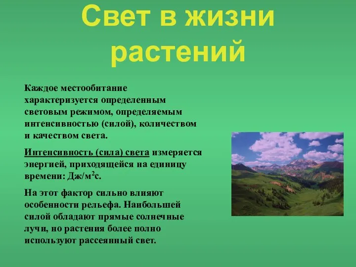 Свет в жизни растений Каждое местообитание характеризуется определенным световым режимом, определяемым