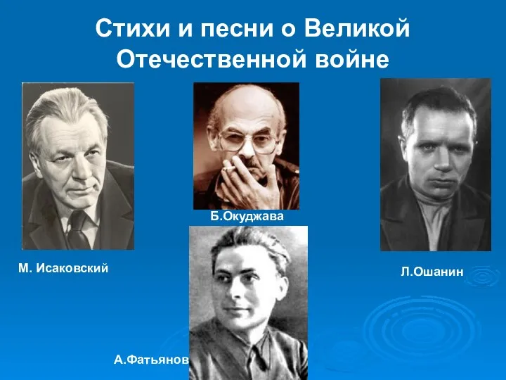 Стихи и песни о Великой Отечественной войне М. Исаковский Л.Ошанин Б.Окуджава А.Фатьянов