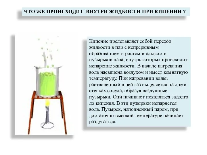 ЧТО ЖЕ ПРОИСХОДИТ ВНУТРИ ЖИДКОСТИ ПРИ КИПЕНИИ ? Кипение представляет собой