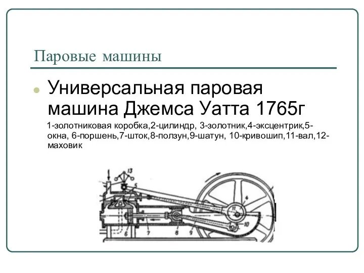 Паровые машины Универсальная паровая машина Джемса Уатта 1765г 1-золотниковая коробка,2-цилиндр, 3-золотник,4-эксцентрик,5-окна, 6-поршень,7-шток,8-ползун,9-шатун, 10-кривошип,11-вал,12-маховик