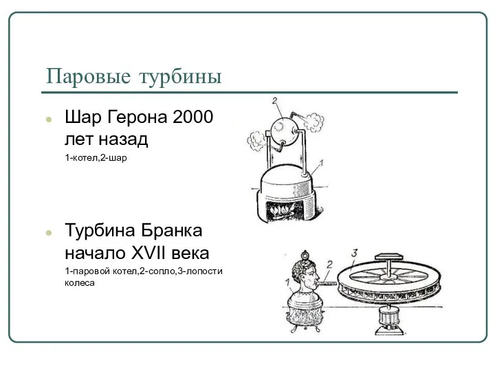 Паровые турбины Шар Герона 2000 лет назад 1-котел,2-шар Турбина Бранка начало XVII века 1-паровой котел,2-сопло,3-лопости колеса