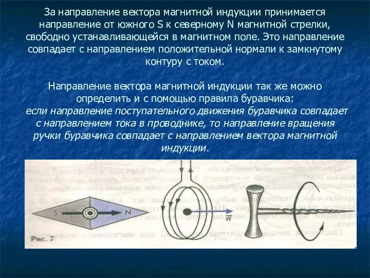 За направление вектора магнитной индукции принимается направление от южного S к